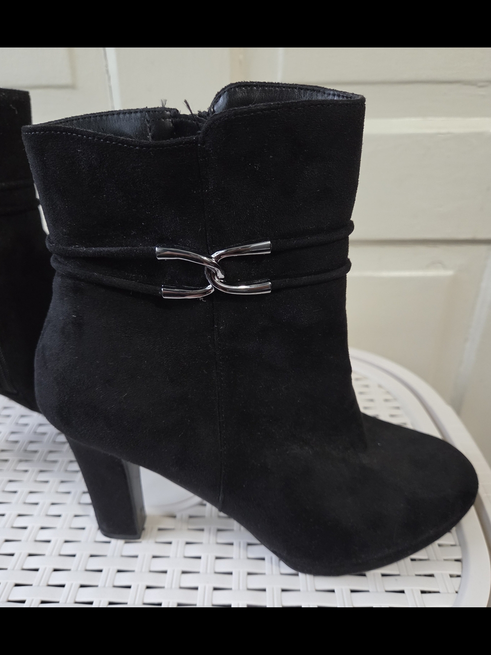 Black Suede Ankle Boot with Silver Accent - Women